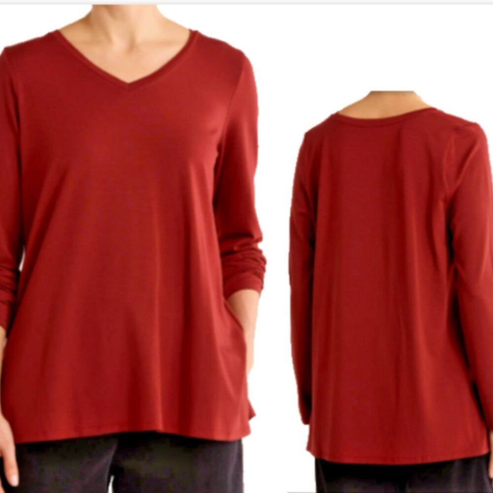 Eileen Fisher Womens Red V-Neck Long Sleeve Tunic Top NWT Sz S